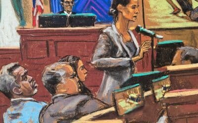 Photo: Sean "Diddy" Combs listens along with their lawyers Marc Agnifilo and Tey Geragos as the assistant lawyer Christy Slavik makes his closing arguments during the combs sexual trafficking trial in New York City, on June 26, 2025.