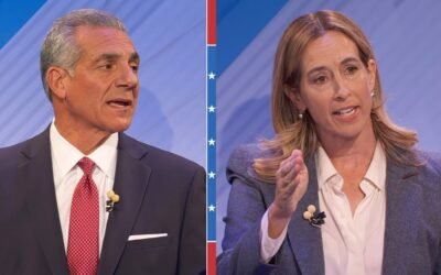 PHOTO: New Jersey gubernatorial candidates Jack Ciatterelli and Mikie Sherrill participate in a debate, October 8, 2025.