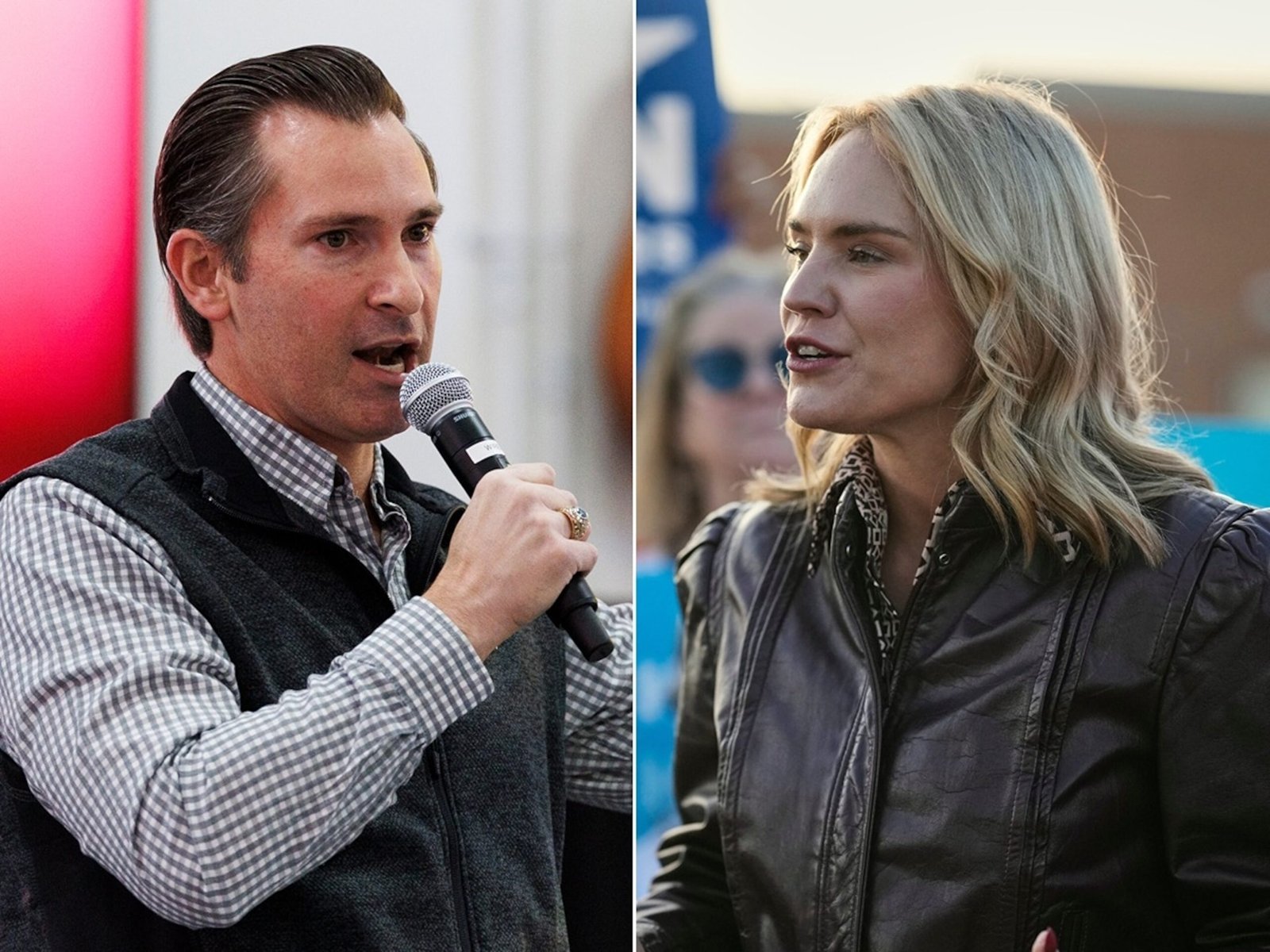 PHOTO: Republican congressional candidate Matt Van Epps speaks during a get out the vote event on December 1, 2025 in Franklin, Tennessee. Democratic congressional candidate Aftyn Behn speaks during a campaign event, Nov. 13, 2025, in Nashville, Tennessee.